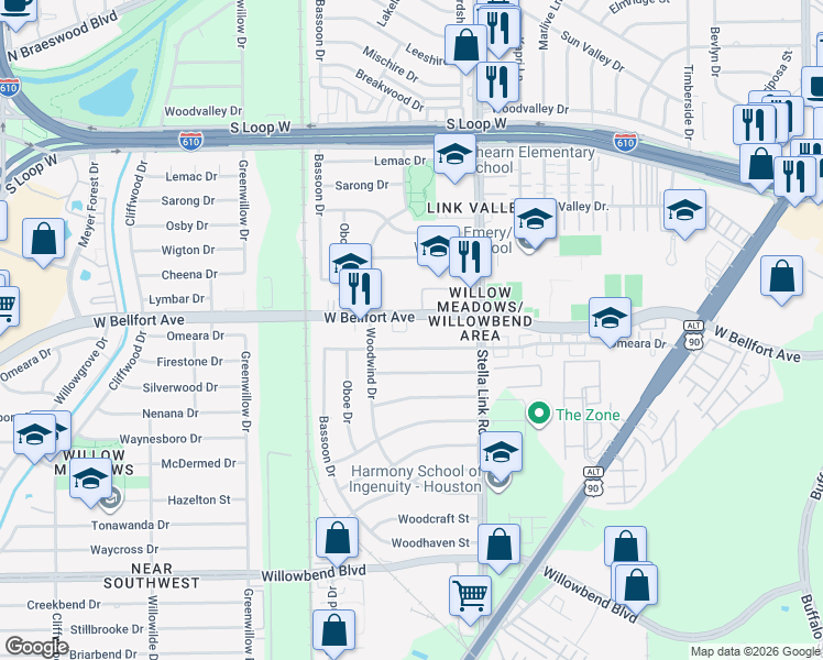 map of restaurants, bars, coffee shops, grocery stores, and more near 4045 West Bellfort Avenue in Houston