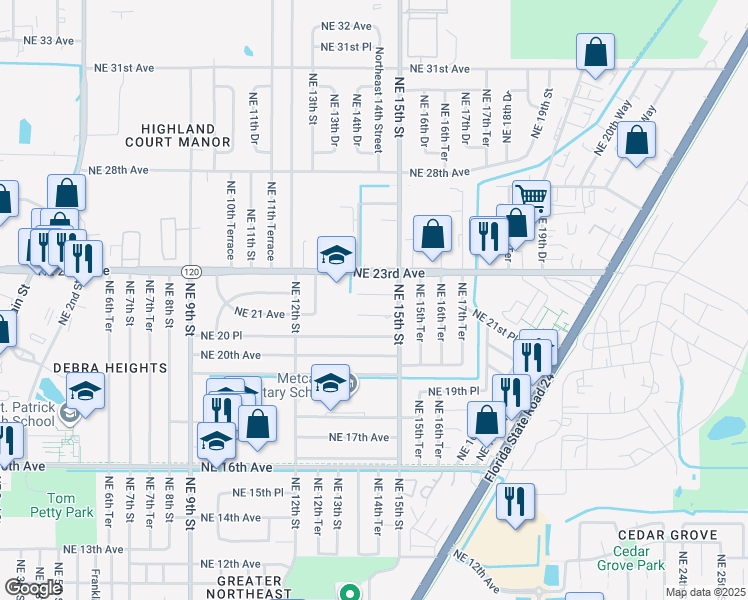 map of restaurants, bars, coffee shops, grocery stores, and more near 1419 Northeast 22nd Avenue in Gainesville