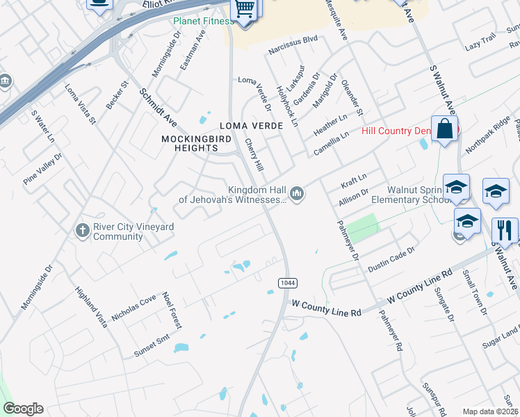 map of restaurants, bars, coffee shops, grocery stores, and more near 1910 Reserve Way in New Braunfels