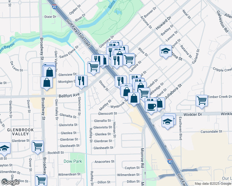 map of restaurants, bars, coffee shops, grocery stores, and more near 8271 Stone Street in Houston