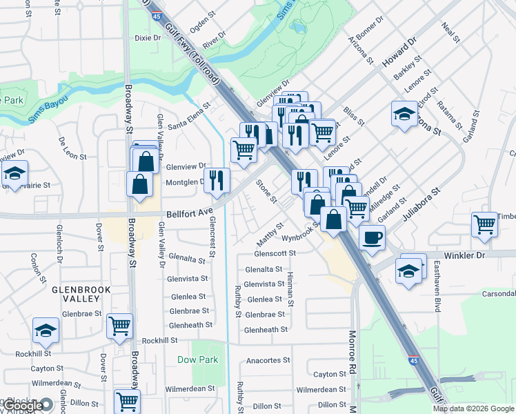 map of restaurants, bars, coffee shops, grocery stores, and more near 7950 Bellfort Avenue in Houston