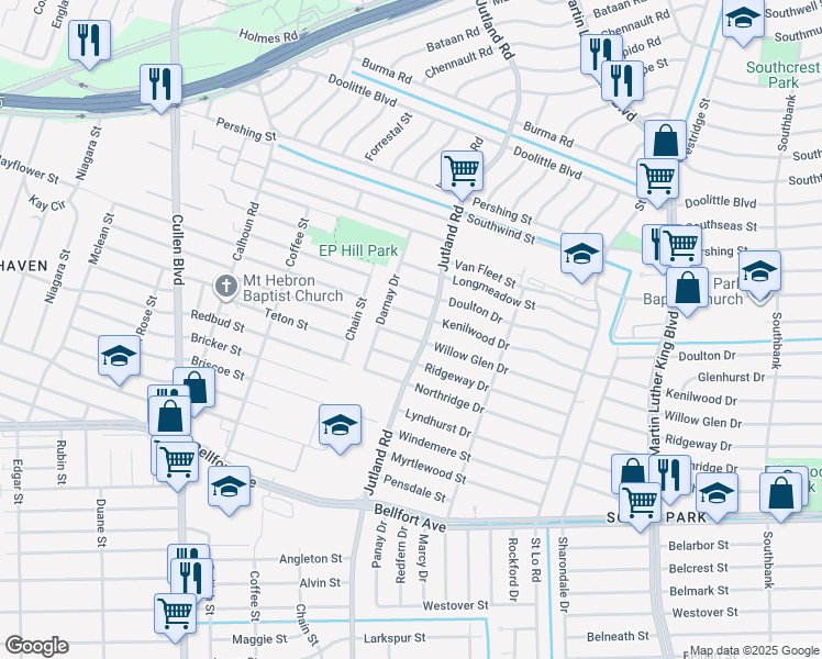 map of restaurants, bars, coffee shops, grocery stores, and more near 7718 Jutland Road in Houston