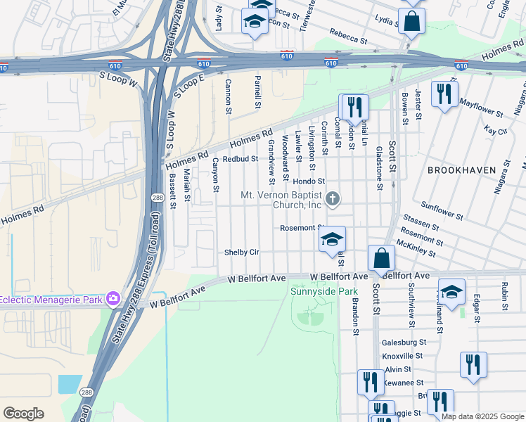 map of restaurants, bars, coffee shops, grocery stores, and more near 8203 Grandview Street in Houston