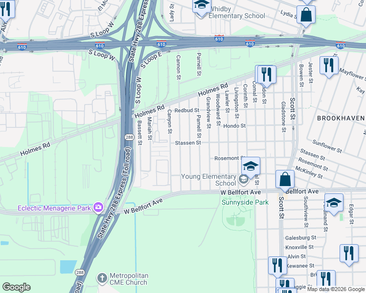 map of restaurants, bars, coffee shops, grocery stores, and more near 8201 Canyon Street in Houston