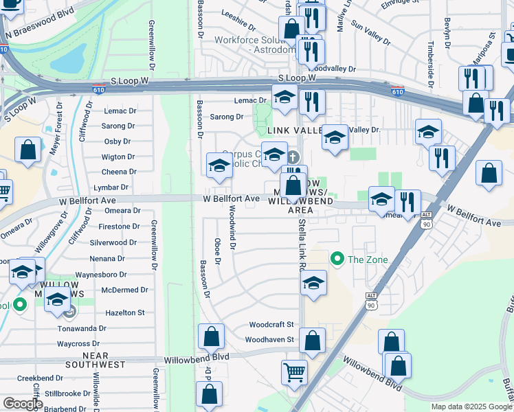 map of restaurants, bars, coffee shops, grocery stores, and more near in Houston