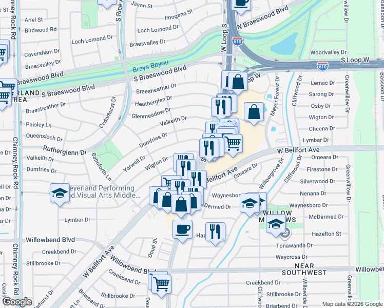 map of restaurants, bars, coffee shops, grocery stores, and more near 4902 Wigton Drive in Houston