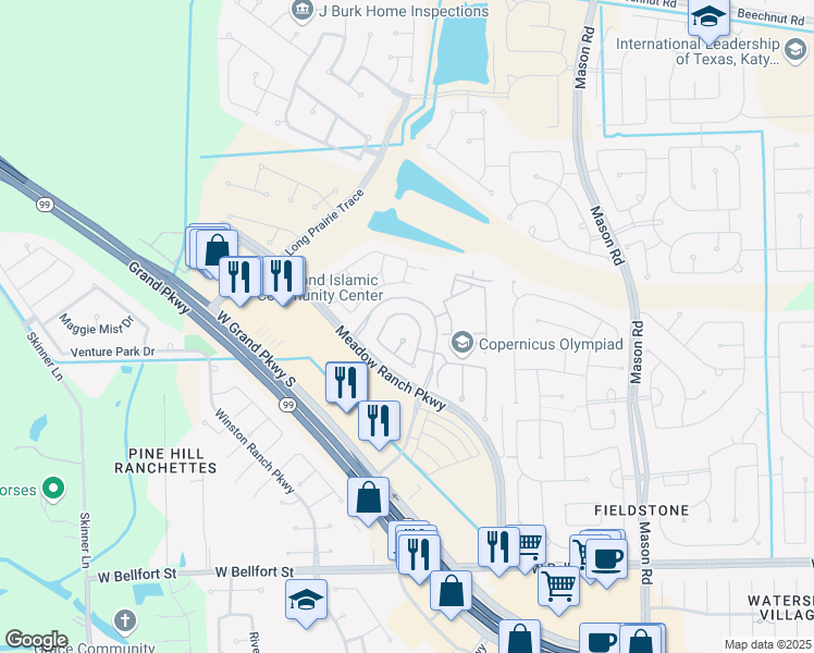 map of restaurants, bars, coffee shops, grocery stores, and more near 5511 Russett Bay Court in Richmond