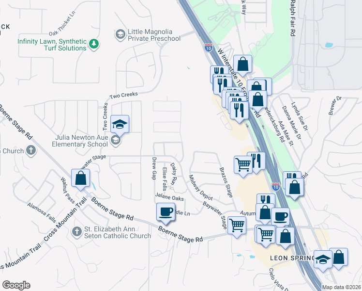 map of restaurants, bars, coffee shops, grocery stores, and more near 8002 Cooper Pass in San Antonio