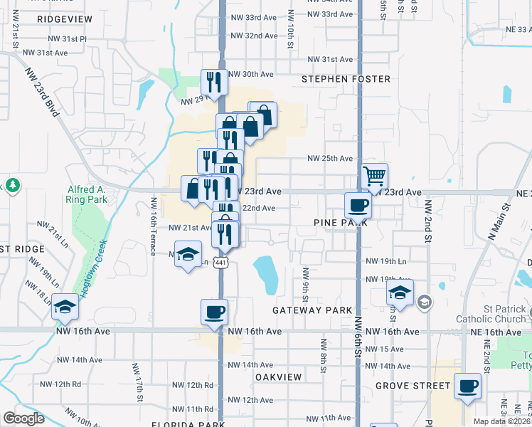 map of restaurants, bars, coffee shops, grocery stores, and more near 1121 Northwest 22nd Avenue in Gainesville