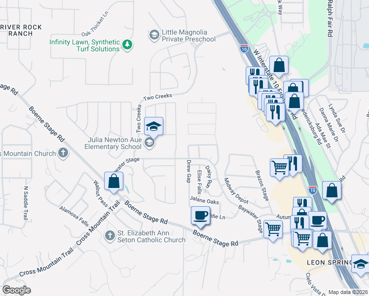 map of restaurants, bars, coffee shops, grocery stores, and more near 24626 Buck Creek in San Antonio