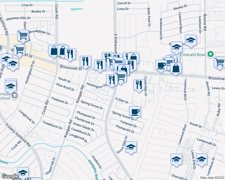 map of restaurants, bars, coffee shops, grocery stores, and more near 9710 South Kirkwood Road in Houston