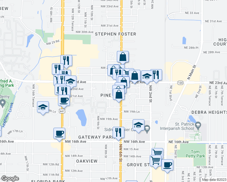 map of restaurants, bars, coffee shops, grocery stores, and more near 713 Northwest 22nd Avenue in Gainesville