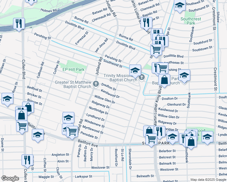 map of restaurants, bars, coffee shops, grocery stores, and more near 5230 Doulton Drive in Houston