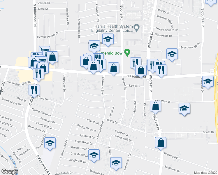 map of restaurants, bars, coffee shops, grocery stores, and more near 9798 Leawood Boulevard in Houston