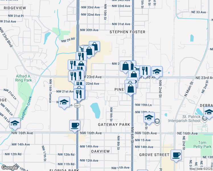 map of restaurants, bars, coffee shops, grocery stores, and more near 2155 Northwest 10th Street in Gainesville