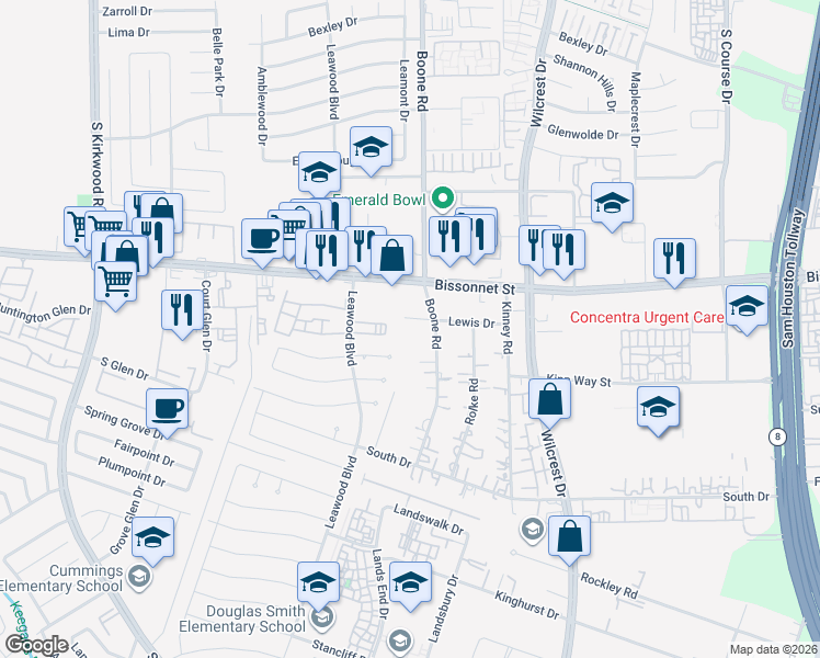 map of restaurants, bars, coffee shops, grocery stores, and more near 11111 Lewis Drive in Houston