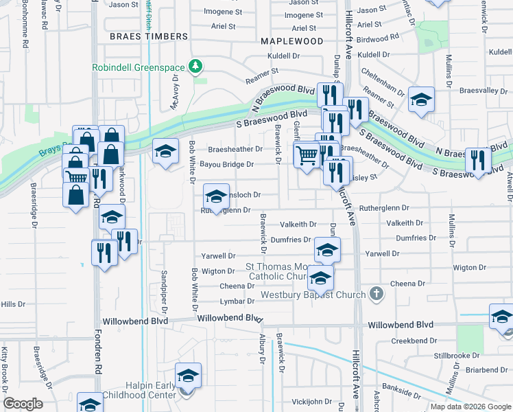 map of restaurants, bars, coffee shops, grocery stores, and more near 6114 Rutherglenn Drive in Houston