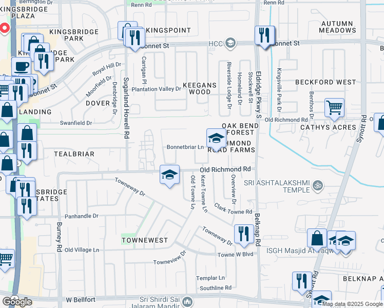map of restaurants, bars, coffee shops, grocery stores, and more near 13823 Bonnetbriar Lane in Sugar Land