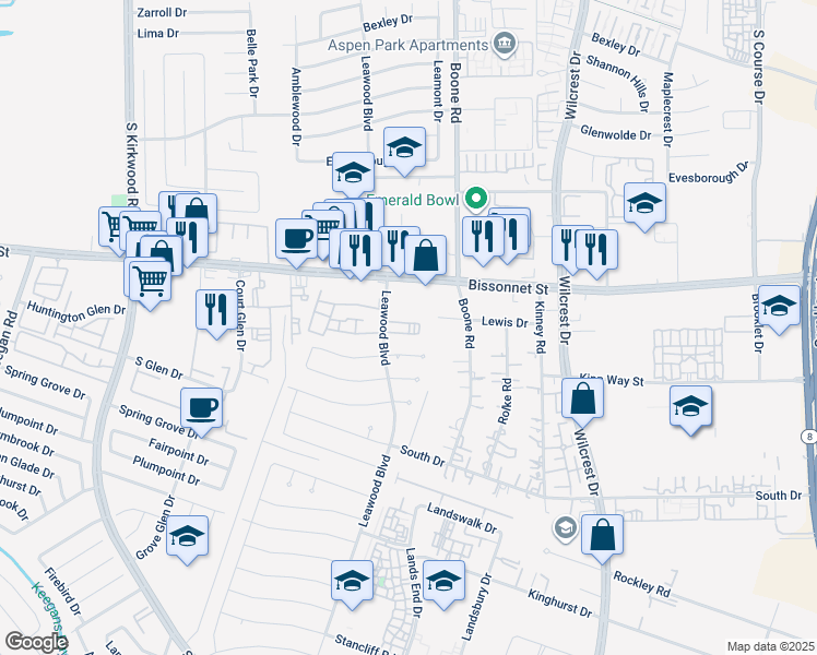 map of restaurants, bars, coffee shops, grocery stores, and more near 9797 Leawood Boulevard in Houston