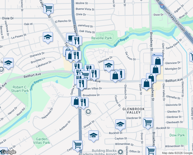 map of restaurants, bars, coffee shops, grocery stores, and more near 7555 Bellfort Avenue in Houston