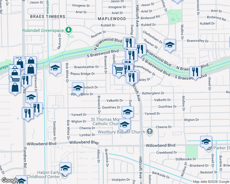map of restaurants, bars, coffee shops, grocery stores, and more near 6014 Rutherglenn Drive in Houston