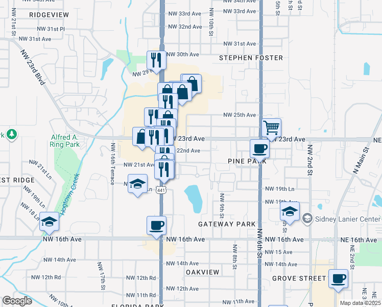 map of restaurants, bars, coffee shops, grocery stores, and more near 1121 Northwest 22nd Avenue in Gainesville