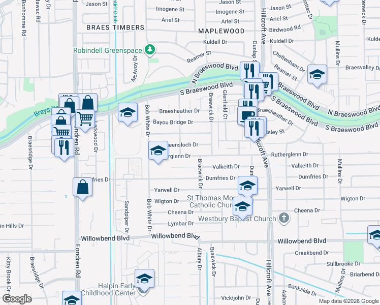 map of restaurants, bars, coffee shops, grocery stores, and more near 6114 Rutherglenn Drive in Houston