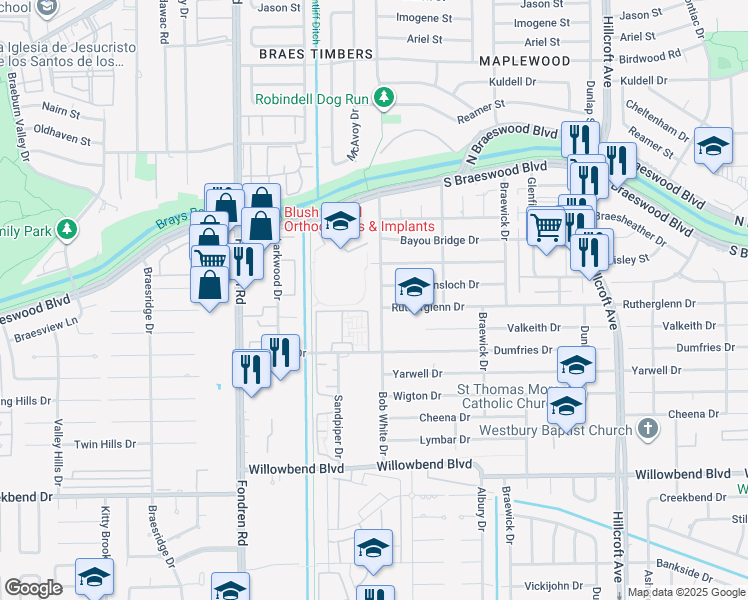 map of restaurants, bars, coffee shops, grocery stores, and more near 9818 Bob White Drive in Houston