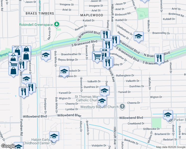 map of restaurants, bars, coffee shops, grocery stores, and more near 6014 Rutherglenn Drive in Houston
