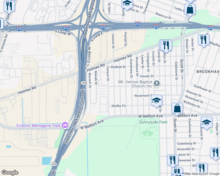 map of restaurants, bars, coffee shops, grocery stores, and more near 8201 Canyon Street in Houston