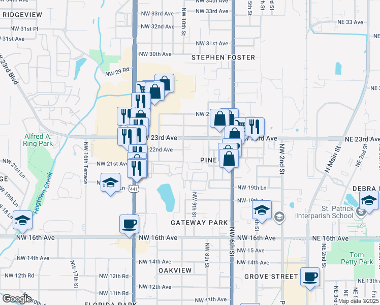 map of restaurants, bars, coffee shops, grocery stores, and more near 2155 Northwest 10th Street in Gainesville