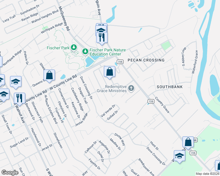 map of restaurants, bars, coffee shops, grocery stores, and more near 235 Chapel Bend in New Braunfels