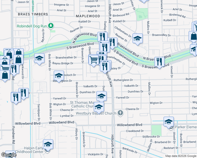 map of restaurants, bars, coffee shops, grocery stores, and more near 5934 Rutherglenn Drive in Houston
