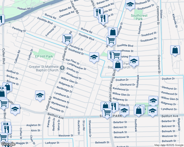 map of restaurants, bars, coffee shops, grocery stores, and more near 5414 Longmeadow Street in Houston