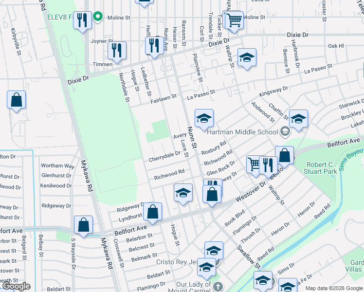 map of restaurants, bars, coffee shops, grocery stores, and more near 6318 Luce Street in Houston