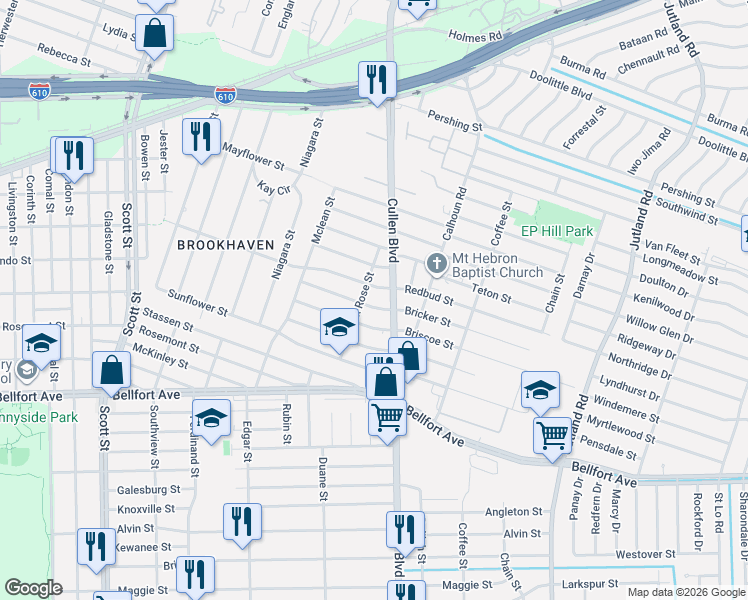 map of restaurants, bars, coffee shops, grocery stores, and more near 4614 Redbud Street in Houston