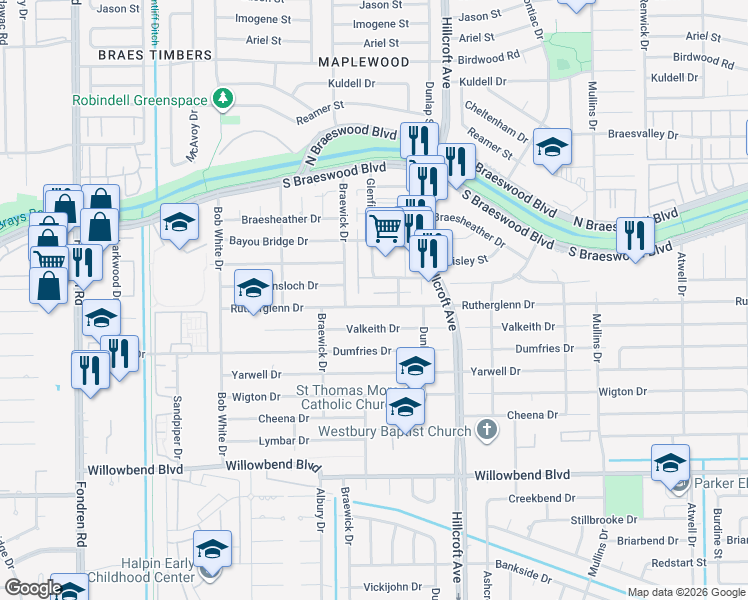 map of restaurants, bars, coffee shops, grocery stores, and more near 6014 Rutherglenn Drive in Houston