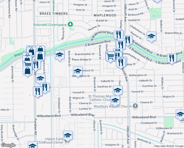map of restaurants, bars, coffee shops, grocery stores, and more near 6114 Rutherglenn Drive in Houston