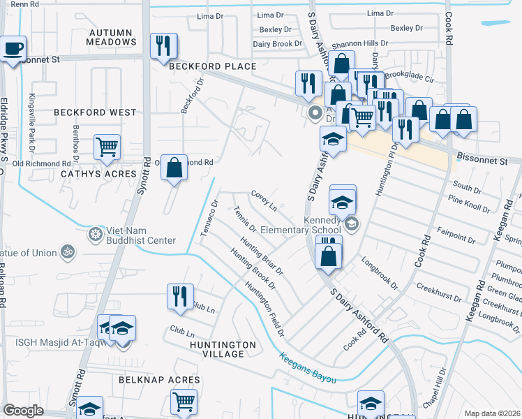 map of restaurants, bars, coffee shops, grocery stores, and more near 12747 Covey Lane in Houston