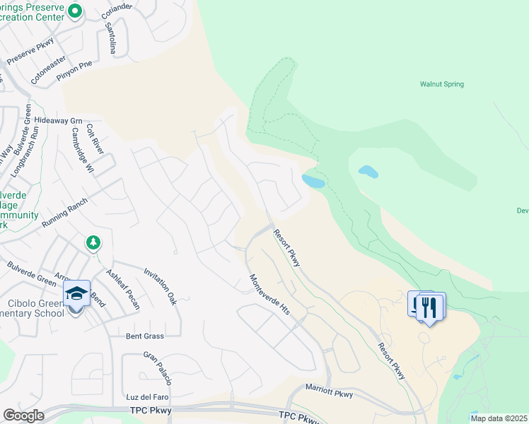 map of restaurants, bars, coffee shops, grocery stores, and more near 24715 Resort Parkway in San Antonio