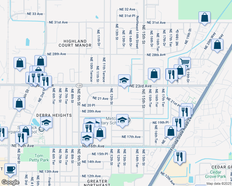 map of restaurants, bars, coffee shops, grocery stores, and more near 2130 Northeast 12th Terrace in Gainesville
