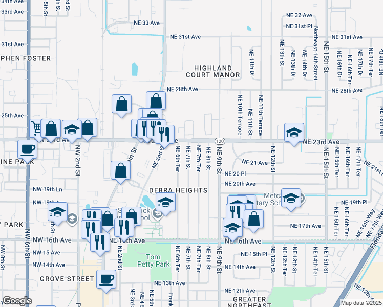 map of restaurants, bars, coffee shops, grocery stores, and more near 2201 NE 7th St in Gainesville