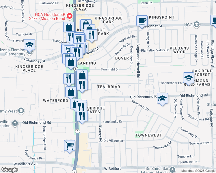 map of restaurants, bars, coffee shops, grocery stores, and more near 14415 Ardwell Dr in Sugar Land