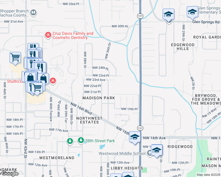 map of restaurants, bars, coffee shops, grocery stores, and more near 2201 Northwest 36th Terrace in Gainesville