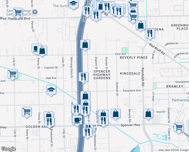map of restaurants, bars, coffee shops, grocery stores, and more near 2622 Dupont Street in Pasadena