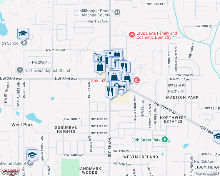 map of restaurants, bars, coffee shops, grocery stores, and more near 2172 Northwest 43rd Street in Gainesville
