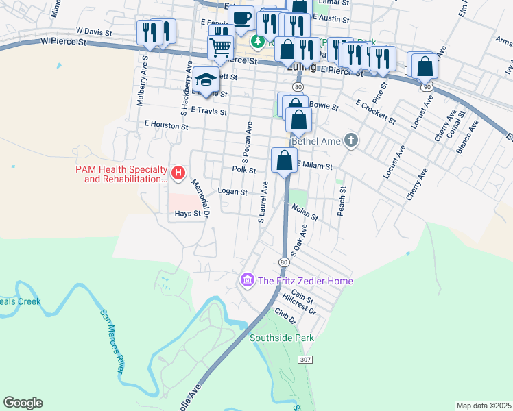 map of restaurants, bars, coffee shops, grocery stores, and more near 812 South Laurel Avenue in Luling