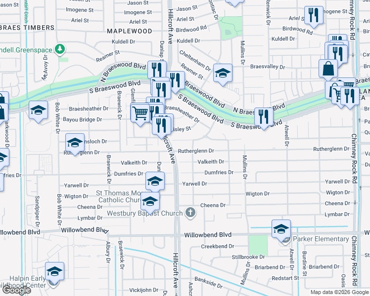 map of restaurants, bars, coffee shops, grocery stores, and more near 5830 Rutherglenn Drive in Houston