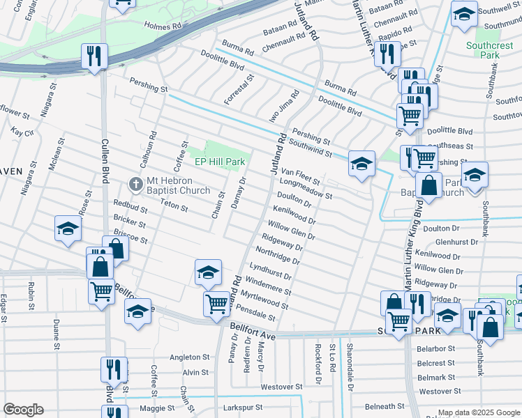 map of restaurants, bars, coffee shops, grocery stores, and more near 7718 Jutland Road in Houston