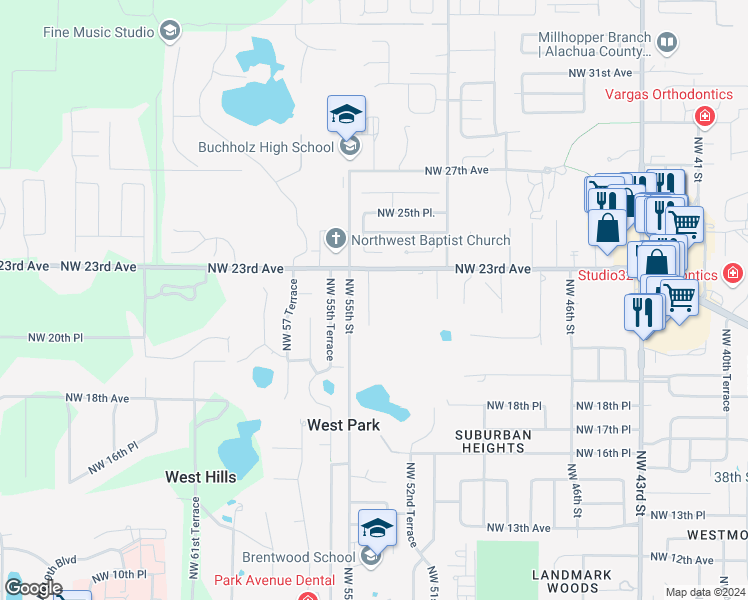 map of restaurants, bars, coffee shops, grocery stores, and more near 2131 Northwest 54th Terrace in Gainesville